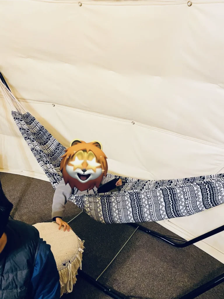 ドームテント内に設置された横になれるタイプのハンモックに揺られる小学生