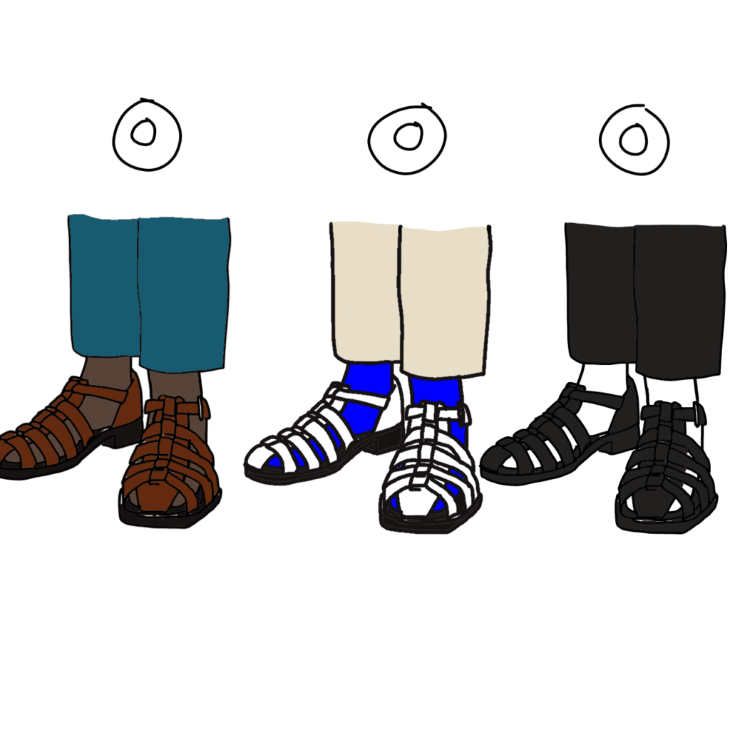 パンツ、靴下、グルカサンダルのうち、2アイテムを同一カラーで揃えた3パターンの足元のイラスト