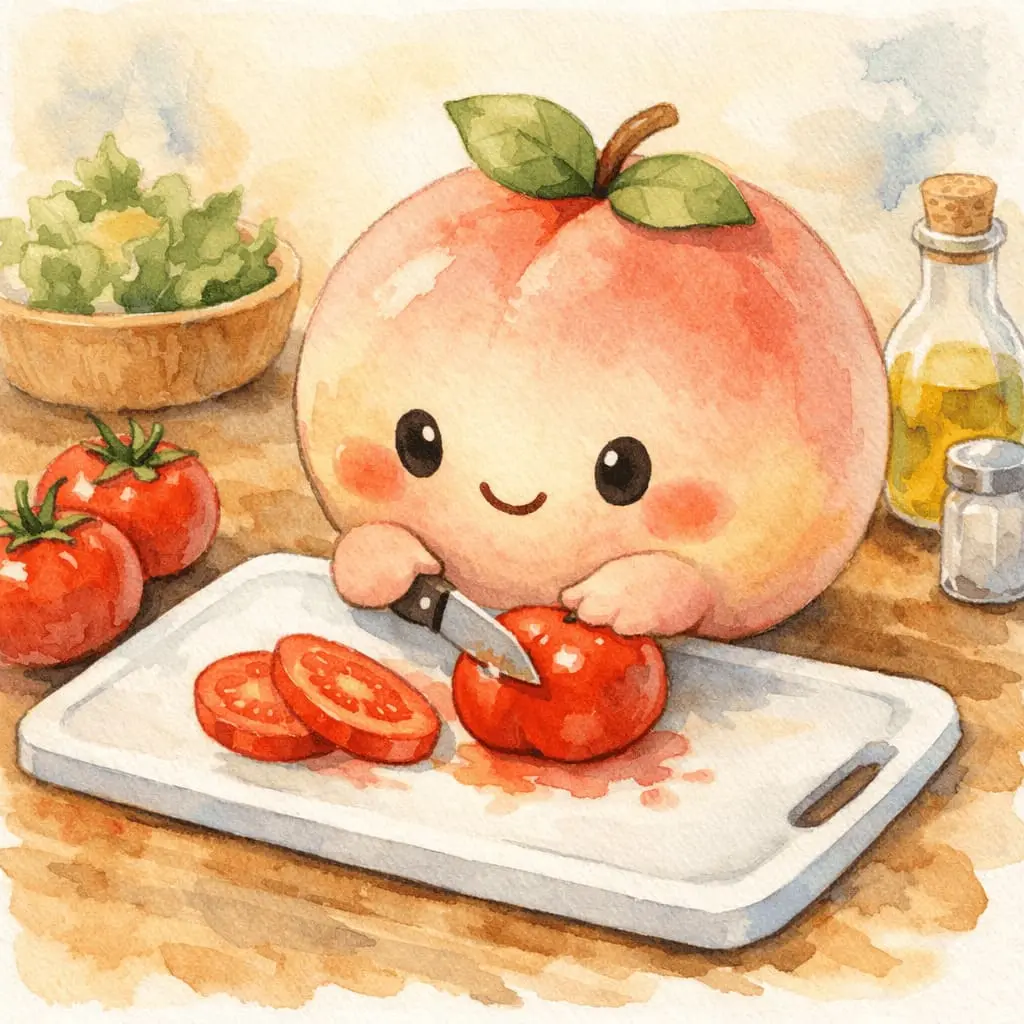 桃を模したキャラクターが快適そうにまな板でトマトを切る様子