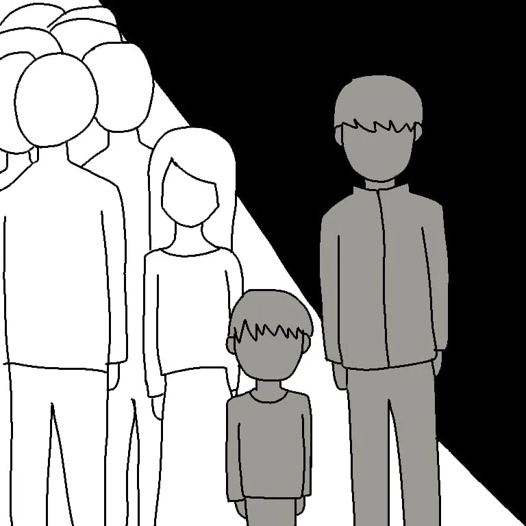 「でっちあげ」の映画をイメージした暗闇に立つ薮下と子供の手書きイラスト